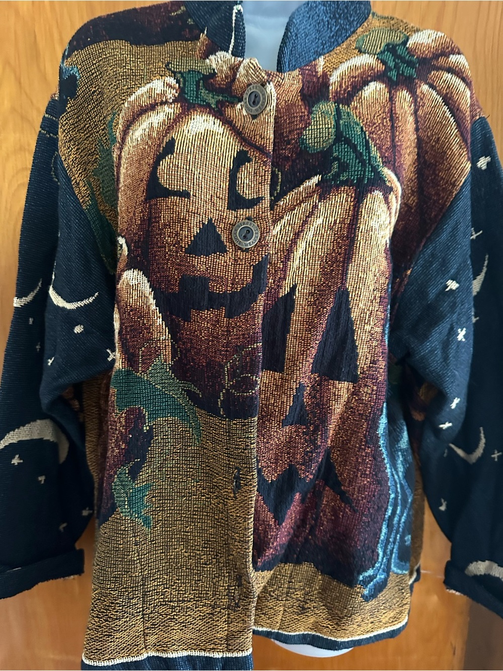 Sugar Street Weavers Halloween Tapestry Jacket L Black Cat Pumpkin